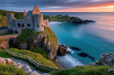 sunset over dune galway, an ancient stone tower standing on the edge of emerald green pastures overlooking the blue sea in ireland.