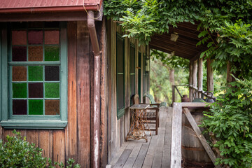 Rustic Wooden Cabin Porch, Stained Glass Window