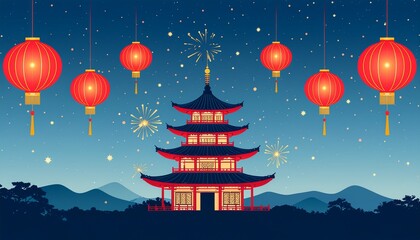 Vibrant Chinese pagoda with red lanterns at night during celebration