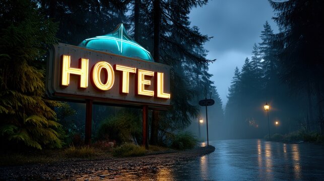 Glowing Neon Hotel Sign in a Foggy Forest at Night