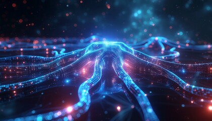 Futuristic artificial intelligence concept with glowing neural network, flowing data streams, and abstract digital connections. Represents AI technology, deep learning, big data, innovation, and advan