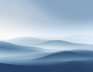 A serene blue mountain landscape vector illustration captures a misty sunrise over snow-capped peaks and a forest valley under a soft morning sky