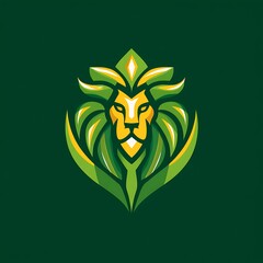 Stylized Lion Head Emblem with Green Foliage Accents logo icon Photo