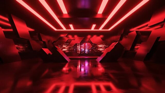 Abstract red interior futuristic design with lights and reflections
