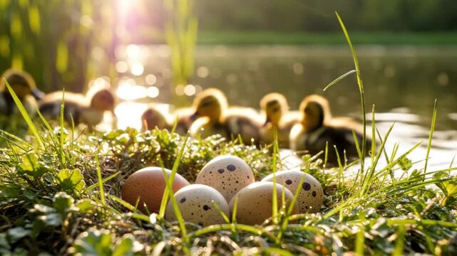 Ducklings swim in a tranquil lake near their nest filled with eggs under the warm sunlight creating a serene spring scene
