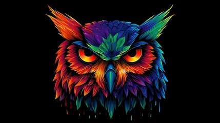 Stylized owl portrait with vibrant rainbow feather details bird animal Photo