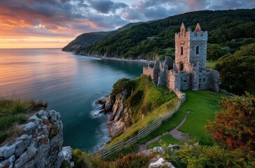 sunset over dune galway, an ancient stone tower standing on the edge of emerald green pastures overlooking the blue sea in ireland.