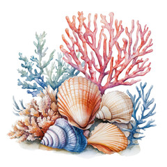 Obraz premium Watercolor illustration of seashells and colorful coral reef elements on a black background