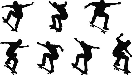 Skateboarder silhouette action set, urban street skating tricks illustration, extreme sports movement, professional skater jump, black vector art design collection © MstAfzalun