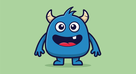 Obraz premium A friendly blue monster with horns smiles widely against a green background.