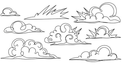 Hand-drawn cloud and sun illustrations in minimalist style with simple line art for graphic design elements