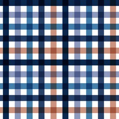 Seamless pattern of a classic plaid or gingham fabric design featuring a harmonious blend of dark navy blue, light sky blue, white, and warm terracotta or rust brown colors.
