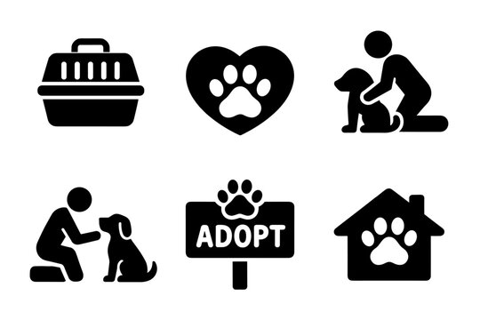 Pet adoption and animal care icon collection in black. Set of pet carrier, paw heart, human with dog, adopt sign, animal shelter and care icons