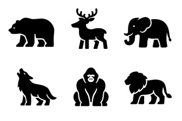 Obraz premium Wild animal icon collection in black. Set of bear, deer, elephant, wolf, gorilla and lion icons
