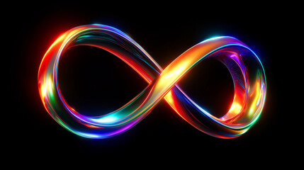 黒背景に浮かぶ虹色に輝くメタリックな無限大マークの3Dマーク