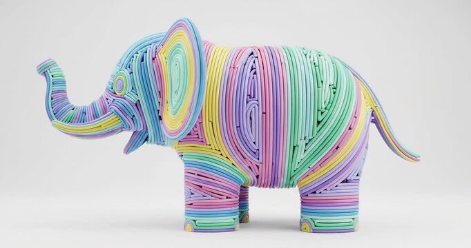 Colorful paper elephant sculpture showcasing intricate design and creativity in a minimalist setting