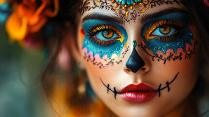 Colorful sugar skull makeup celebrates Day of the Dead with vibrant details and traditional elements