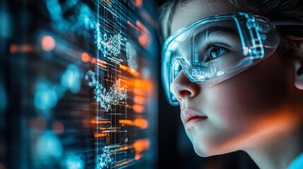 Child explores interactive technology with virtual displays while wearing smart glasses in a modern environment