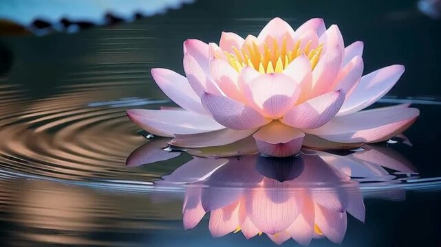 Closeup of a Beautiful Pink Lotus Flower Floating Calmly on Water with Reflections in Soft Natural Light