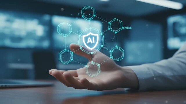 Cyber security network warfare protection concept with AI shield technology hovering over business hand digital network shield floating above hand