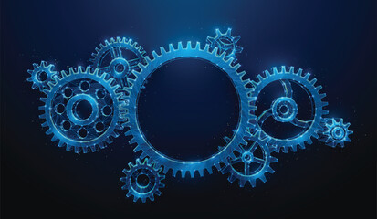 Low Poly Gears - Abstract Composition on Blue Background. A Group of Cog Wheels Made of Wireframe Mesh. Vector illustration depicting synergy partnership and industrial teamwork concept.