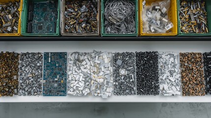 A diverse array of electronic components neatly sorted into compartments. The collection includes various circuit boards and small metallic parts