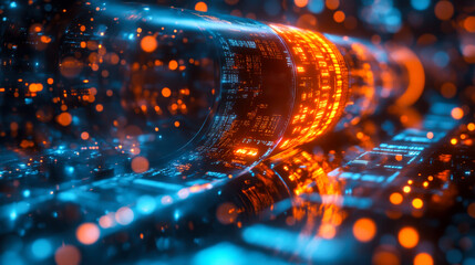 Dynamic digital tunnel filled with glowing data streams and futuristic circuitry under a blue and orange light