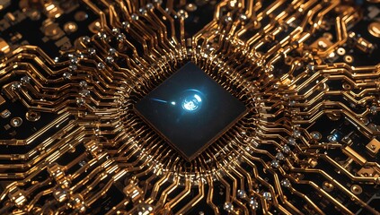 Image of a golden processor, representing innovation and technology. The intricate circuits and glowing core symbolize technological advancement 