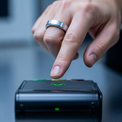 Macro payment shot with cold metallic reflections, featuring a plain silver ring and a matte terminal under sharp industrial lighting.