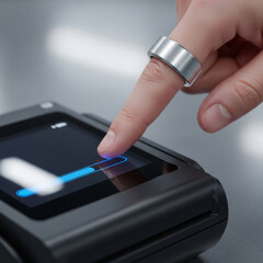 2026 Bio-Digital Zenith: minimalist silver smart ring and black contactless terminal, showcasing seamless wearable tech and high-tech payment.