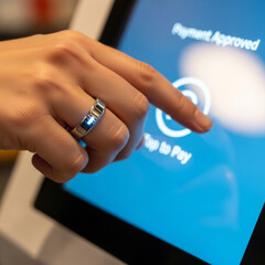 2026 Bio-Digital Zenith: minimalist silver smart ring and black contactless terminal, showcasing seamless wearable tech and high-tech payment.