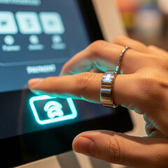 Macro payment shot with cold metallic reflections, featuring a plain silver ring and a matte terminal under sharp industrial lighting.