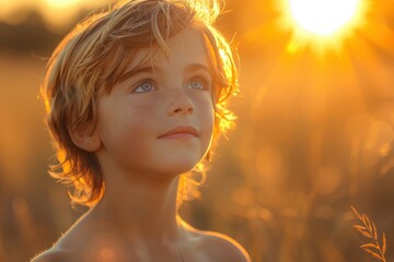Fototapeta premium A young boy looks upwards at a vibrant sunset, with the warm light of the setting sun illuminating his face.