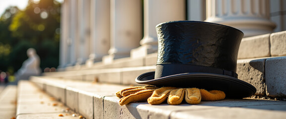 Black top hat resting on stone steps with gloves on the side, Concept of Abraham Lincoln's Birthday  