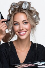 a woman with her hair in curlers is getting her makeup done by a professional makeup artist.