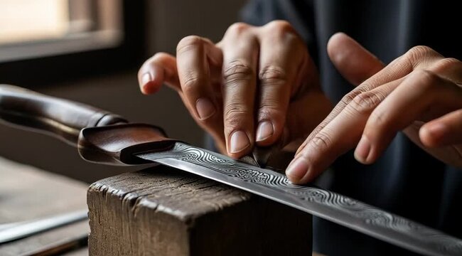 Craftsman Sharpening Knife on Grinding Stone.