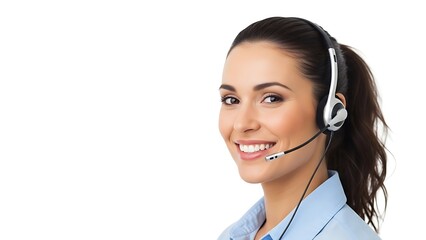 Smiling customer support representative wearing a headset, symbolizing friendly service, communication, and professional assistance