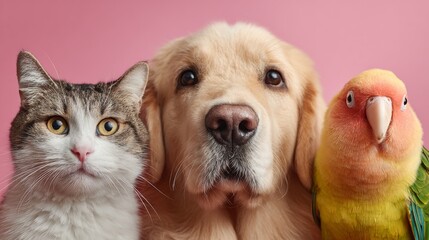 A group pen, a cat, a dog, a parrot on pink