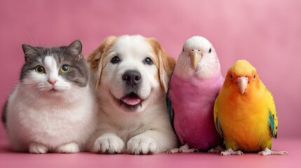 A group pen, a cat, a dog, a parrot on pink