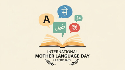 A colorful vector graphic celebrating International Mother Language Day with an open book and speech bubbles
