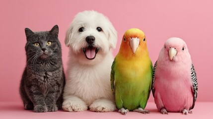 A group pen, a cat, a dog, a parrot on pink