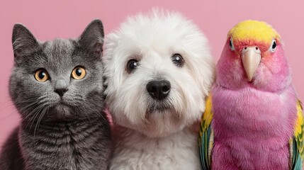 A group pen, a cat, a dog, a parrot on pink