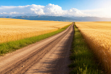Dirt Road Through Golden Wheat Fields with Mountains