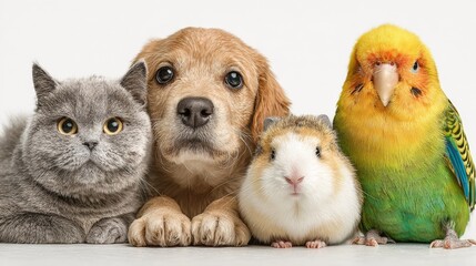 A group pen, a cat, a dog, a parrot, a hamster on white	
