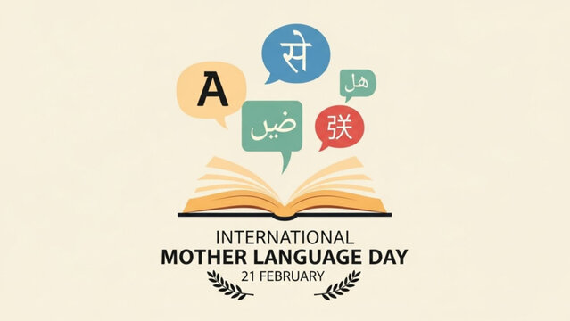 A colorful vector graphic celebrating International Mother Language Day with an open book and speech bubbles