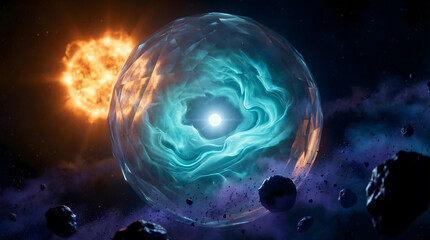 Futuristic Dyson Sphere Megastructure Harnessing Energy from a Star in Space, Cinematic Science Fiction Discovery and Advanced Technology Concept