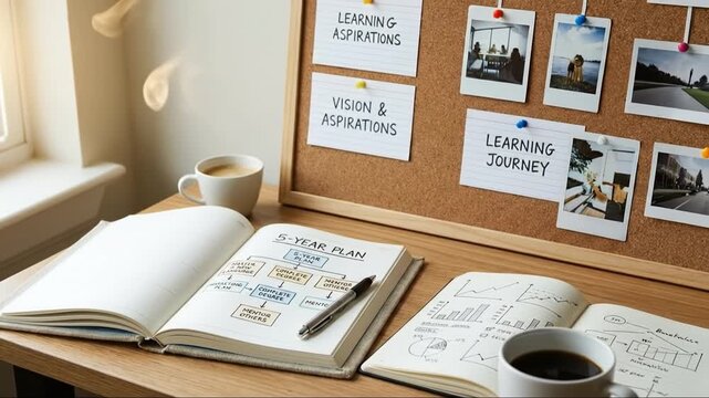 Five year plan notebook goals vision board learning journey desk coffee open journal with charts diagrams sticky photos pen on sunlit wooden workspace showing focused planning and productivity