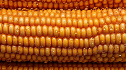 Macro Close-Up of Golden Corn Kernels with Water Droplets, Fresh Sweet Corn Texture and Natural Food Background