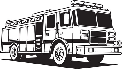 Fire Truck Black and White Line Art Illustration Isolated on White