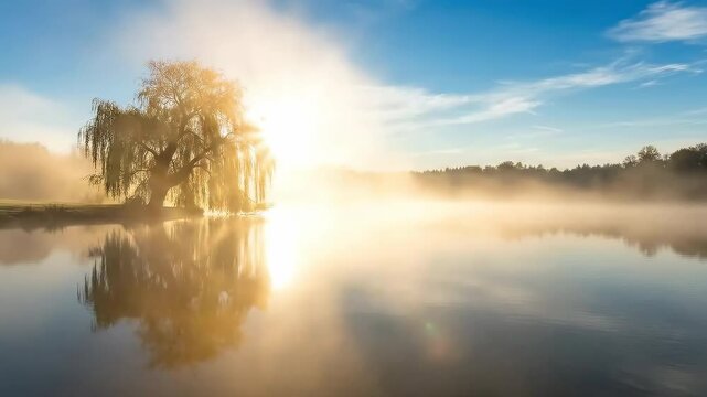 Tranquil morning landscape. Green willow leaves touching calm river surface in thick fog. Nature atmosphere clearing up to sunny day.